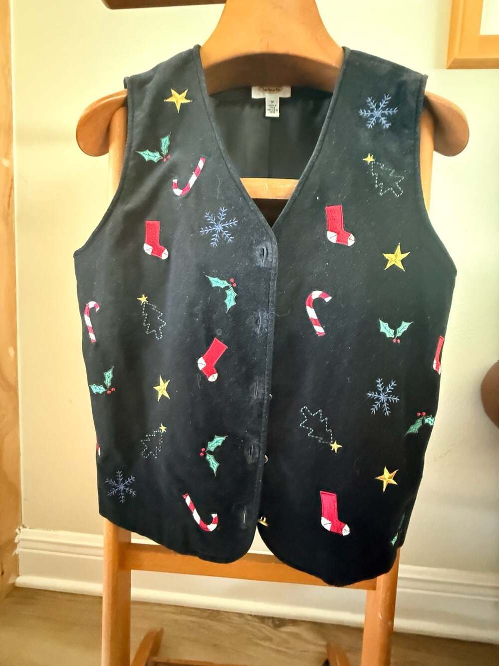 Talbots Women's Black Velvet Christmas Holiday Embroidered Vest Size M
